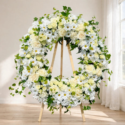 Pure Grace Wreath with white roses, daisies and ivy on a wooden easel by LaLa Florist, Baldwin Park funeral flowers