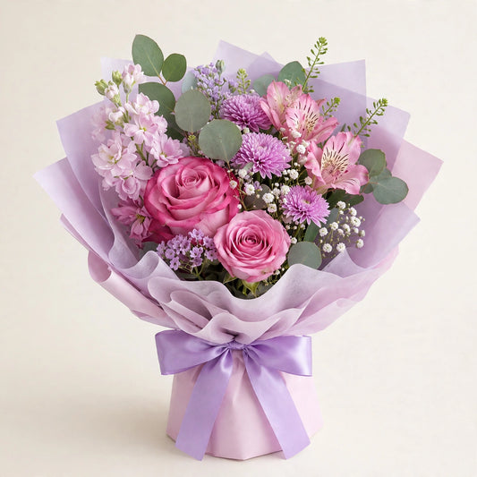 Sweet Lavender Bouquet — soft pink roses, lavender seasonal flowers and pink alstroemeria in a lavender wrap, hand-arranged by LaLa Florist in Baldwin Park