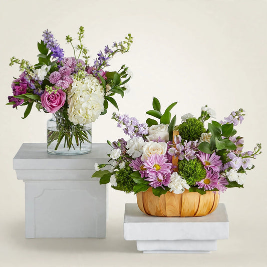 Tender Embrace Bundle in lavender, blush pink and white with a vase arrangement and a sympathy basket by LaLa Florist, Baldwin Park funeral flowers