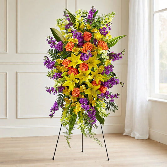 Thoughtful Prayers standing spray with yellow lilies, orange roses, stock and snapdragons on a standing easel by LaLa Florist, Baldwin Park funeral flowers