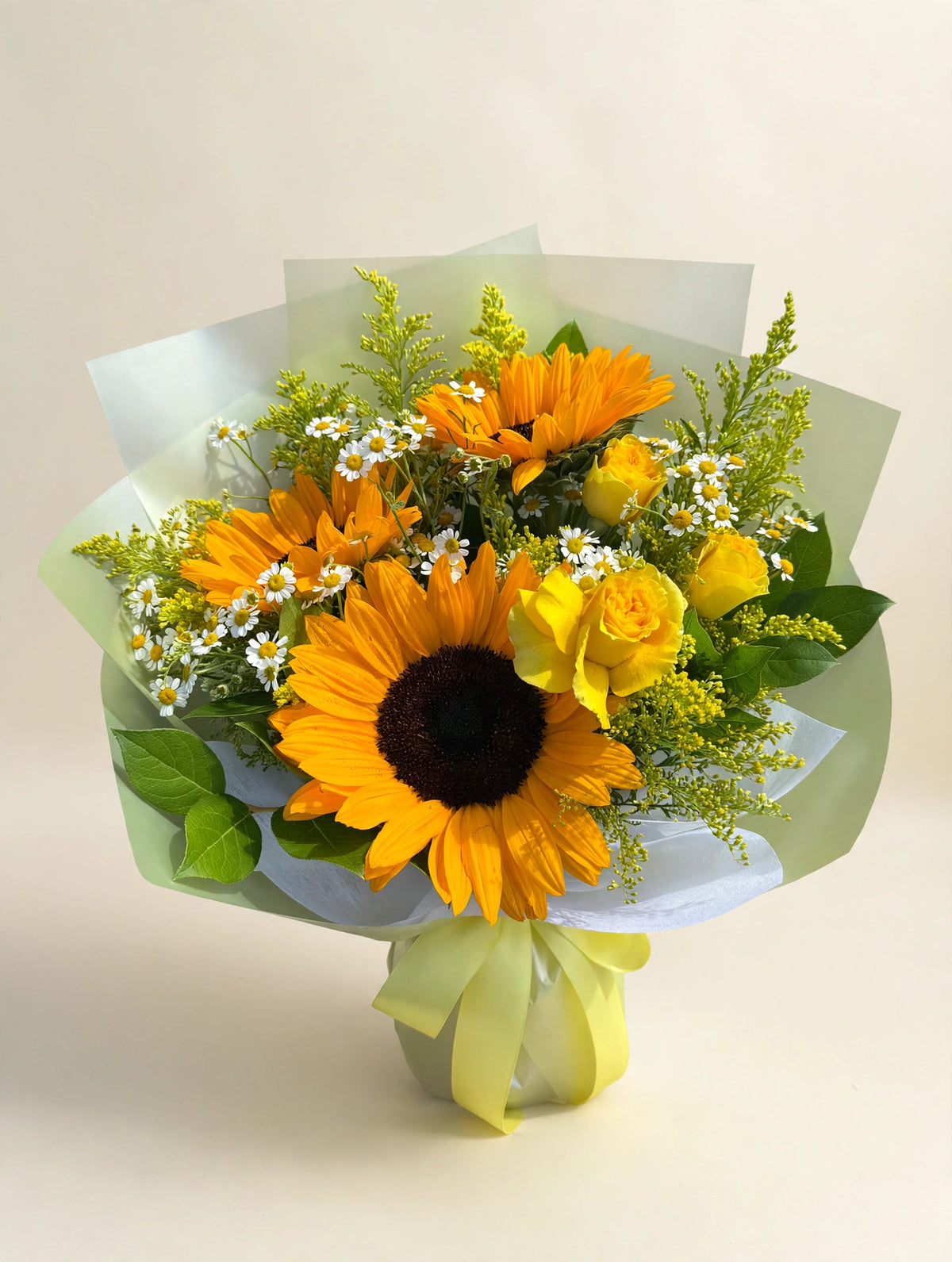 Triple Sunshine Bouquet — sunflowers and yellow roses with white daisies and seasonal flowers in a light wrap, hand-arranged by LaLa Florist in Baldwin Park, close view