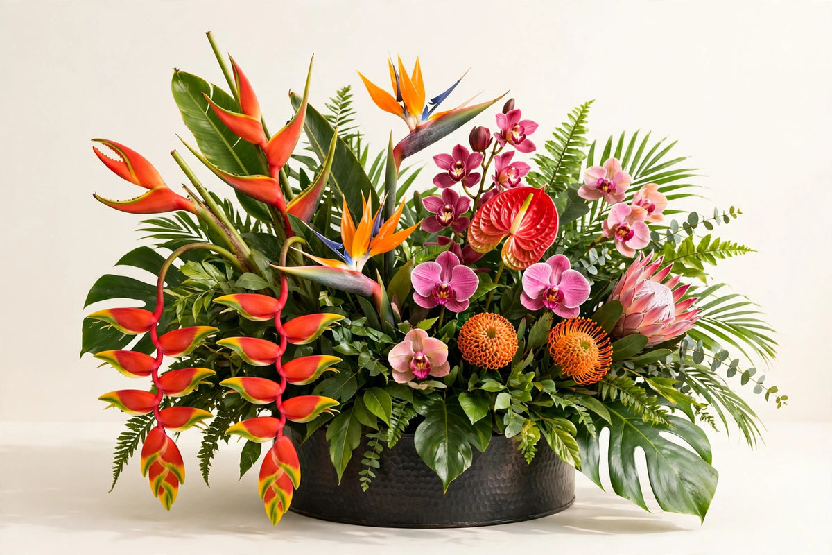 Tropical Luxe Centerpiece – fresh heliconia, bird of paradise and protea in a dark metal planter