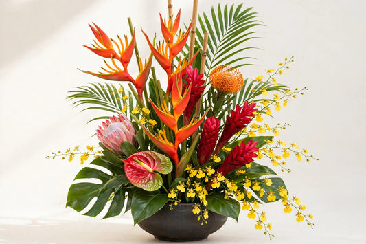 Tropical Melange Grand Opening Arrangement – tall heliconia, ginger and protea tropical arrangement