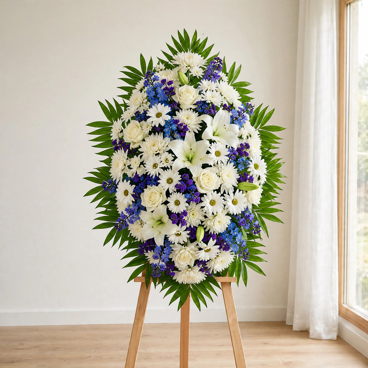 White & Blue standing spray with white lilies, roses, daisies and blue accent blooms on a standing easel by LaLa Florist, Baldwin Park funeral flowers