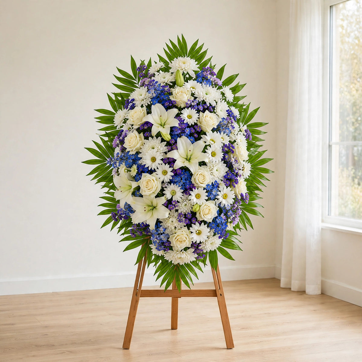 Alternate front view of the White & Blue standing spray with white lilies and soft blue blooms by LaLa Florist, Baldwin Park sympathy flowers