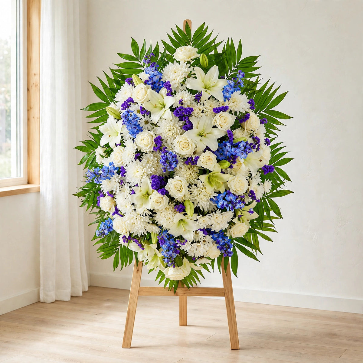 Closer front view of the White & Blue standing spray with white lilies, roses and daisies by LaLa Florist, Baldwin Park sympathy flowers