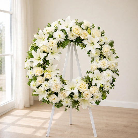 White Serenity Sympathy Wreath with white lilies, roses and chrysanthemums on a standing easel by LaLa Florist, Baldwin Park funeral flowers