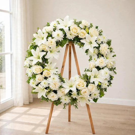 White Serenity Sympathy Wreath with white lilies, roses and chrysanthemums on a standing easel by LaLa Florist, Baldwin Park funeral flowers