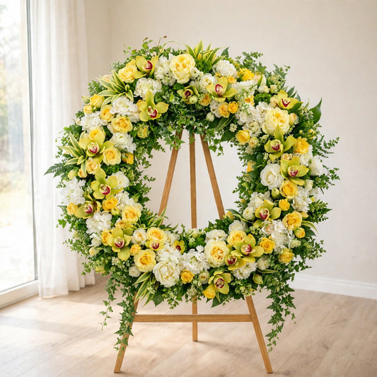 Yellow & White Orchid Sympathy Wreath with yellow roses and orchids on a wooden easel by LaLa Florist, Baldwin Park funeral flowers